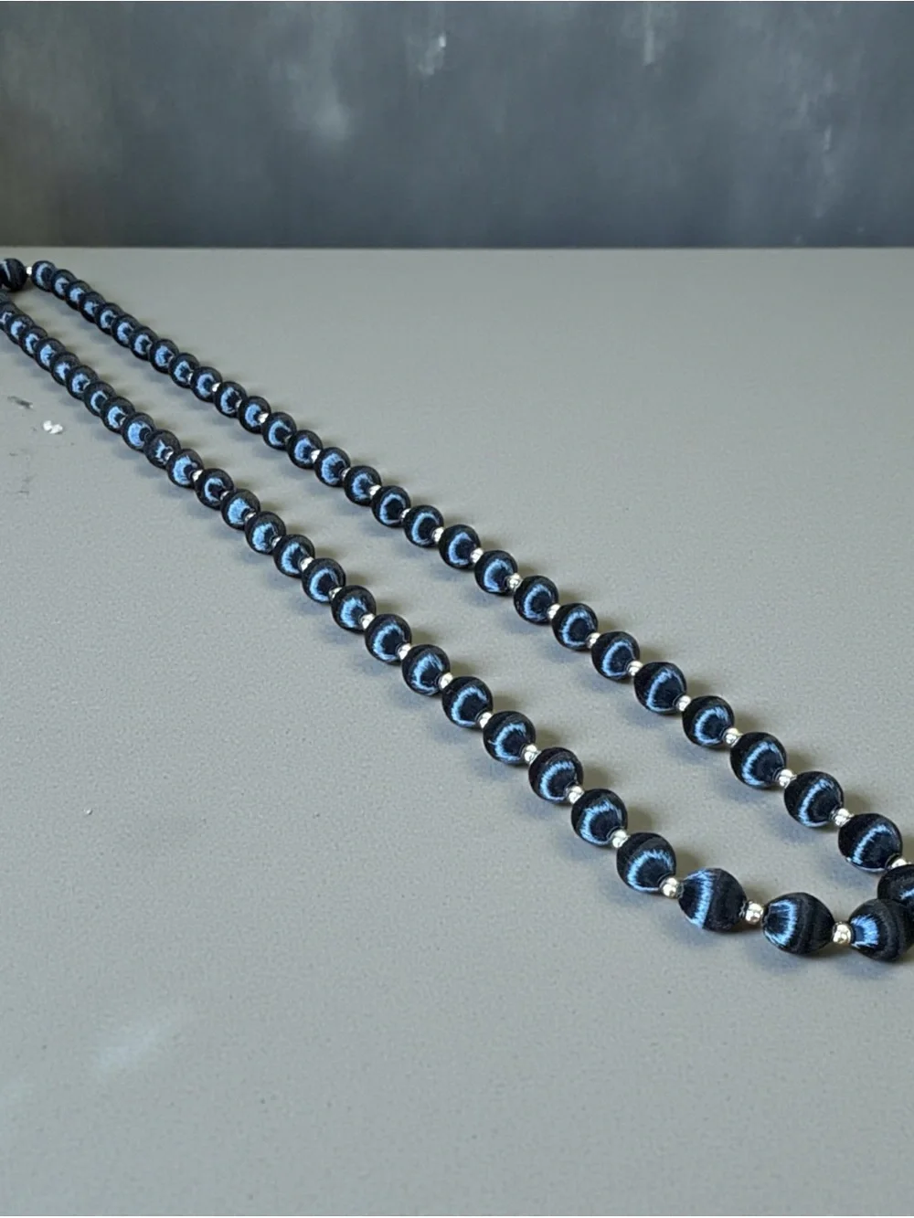 Vintage Black Satin Wrapped Bead Necklace 30” + Gold Tone Spacers 70s 80s